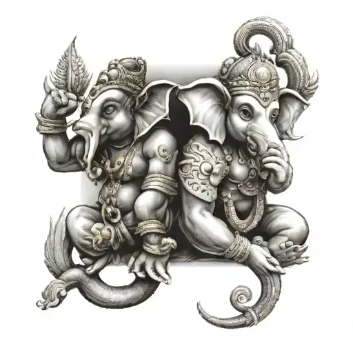 Lord Ganesha And Lord Hanuman With Scorpion And Rat In Forearm In Left Hand