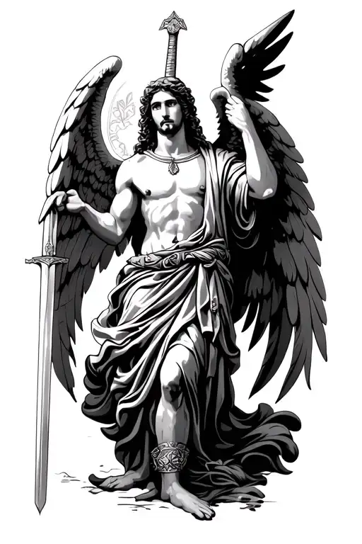 Greek Mytology Styled With Angel Holding Sword In Arm