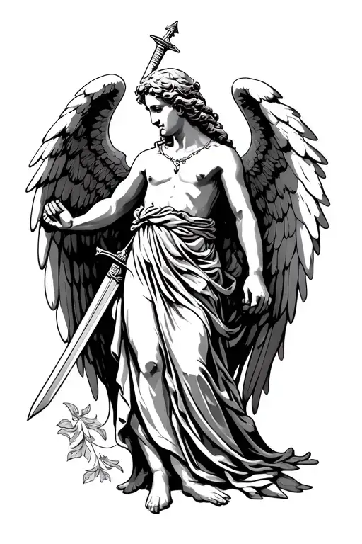 Greek Mytology Styled Angel With Wings Holding Sword In Arm Facing Downwards And With One Arm Up