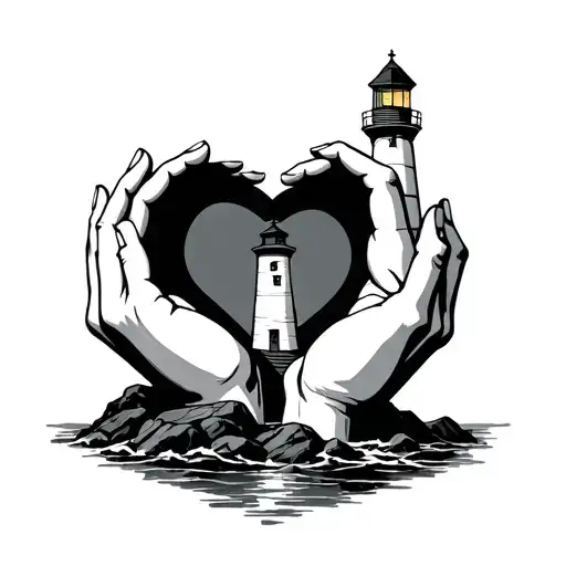 Hands Forming A Heart Holding A Lighthouse On Rocks