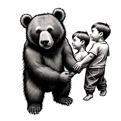 Bear With Father And Two Sons Holding Hands