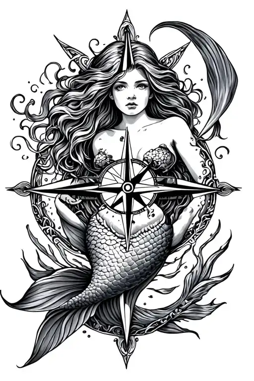 Mermaid Underwater Compass Rose Intertwined