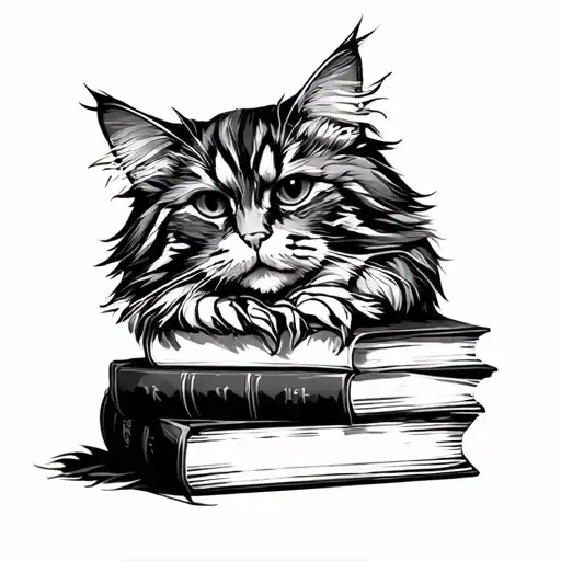 One Line Main Coon On Books Stacked