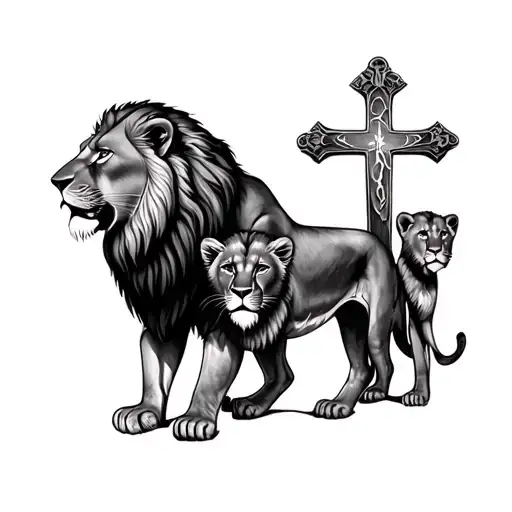 A Lions That Walks With Two Lion Cubs A Christian Cross Is Two Roman Dates