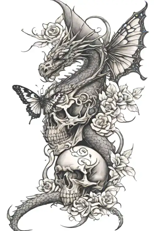Dragon With Flowers And Skull And Butterfly Emerging