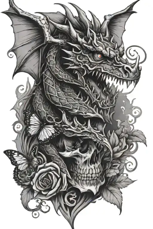 Dragon With Butterfly And Skull Face