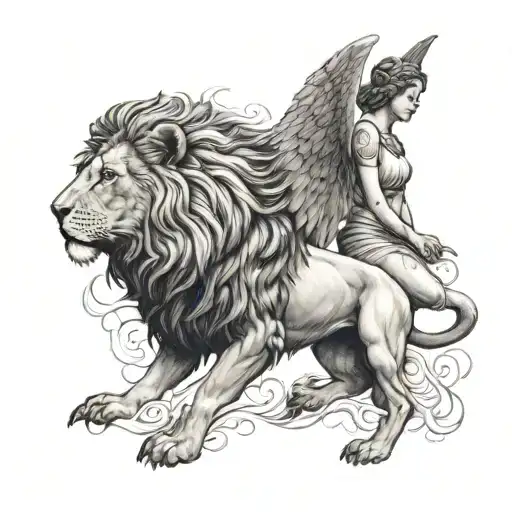 A Standing Angel Woman With A Lion Sitting To Her Right