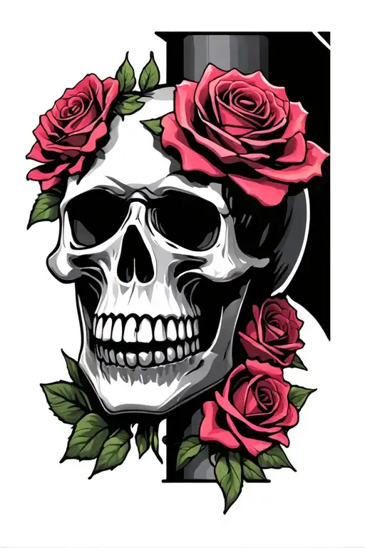 A Petrol Column With A Skull With Rose