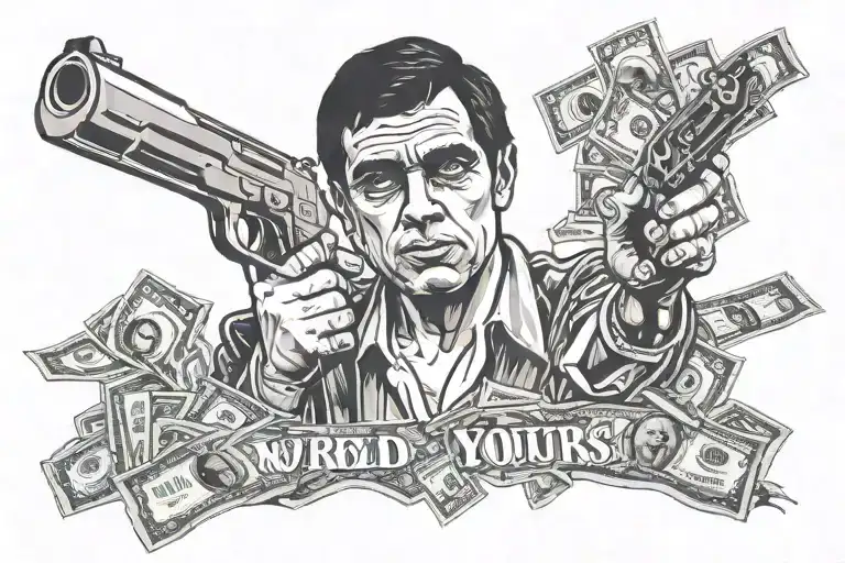 Scarface With Money And Gun And The World Is Yours Writte