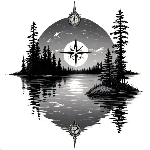 Lake Ouse With Compass Reflected In Lake Surrounded By Trees With Moon Above