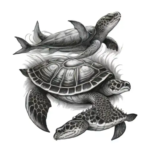 Turtle On Top Of A Manta On Top Of A Whale Shark