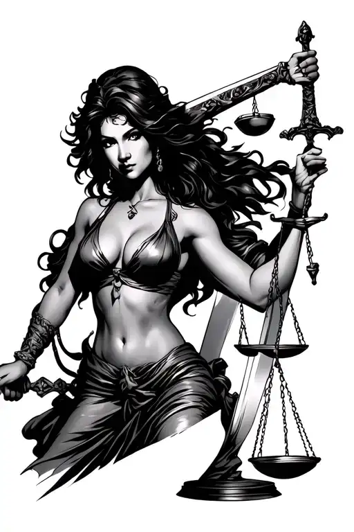 Sexy Lady Of Justice Holding Scales Of Justice In One Hand And A Sword In The Oher Hand
