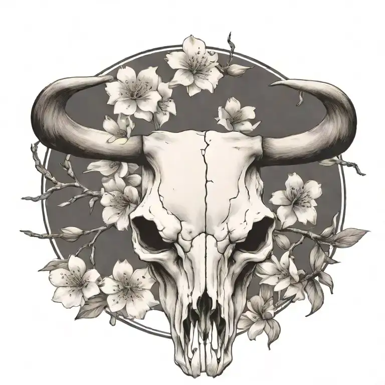 Realistic Longhorn Skull With Cherry Blossoms No Background