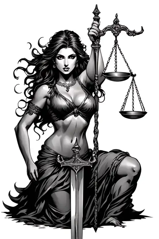 Sexy Lady Of Justice Holding Scales Of Justice In One Hand And A Sword In The Oher Hand