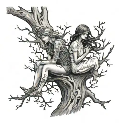 Girl And Ghost Sitting In Tree