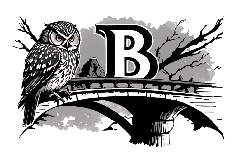 On Owl Perched On A Bridge In Front Of A Big Letter B In The Background
