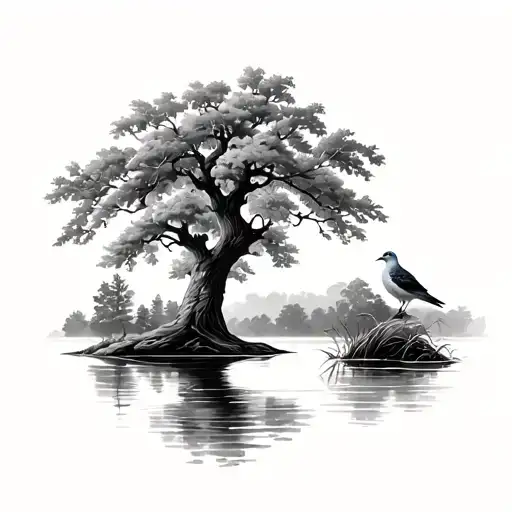 Lake With Oak Tree And Dove Perched