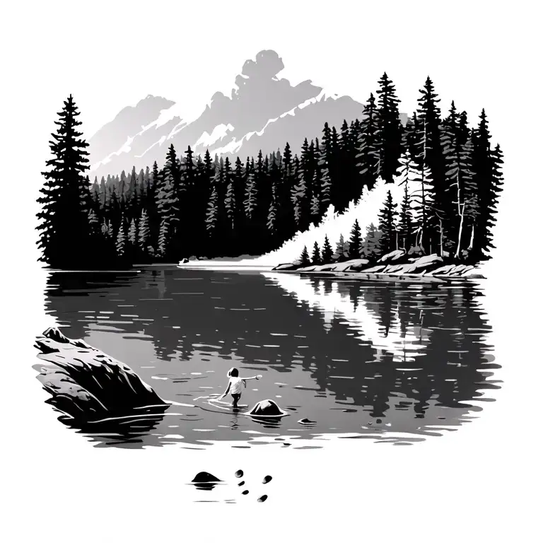 Lake With Forest In Background With Child Footprints In Lake