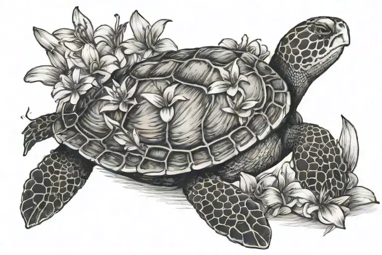 Single Sea Turtle With Lilac And Lily Flowers Blooming