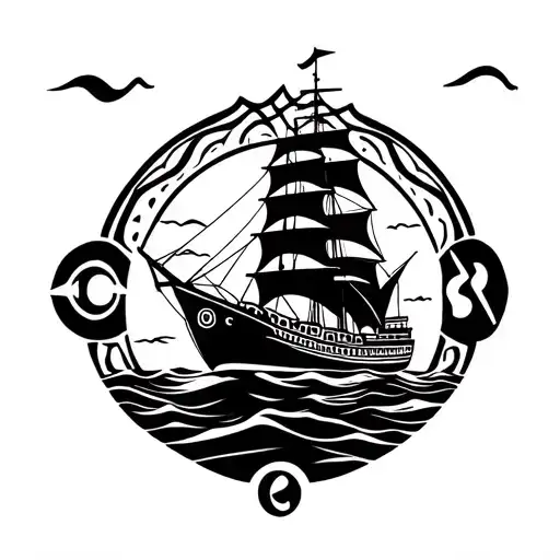 Adinkra Symbols Incorporated With A Navy Ship Sailing Into The Sunset