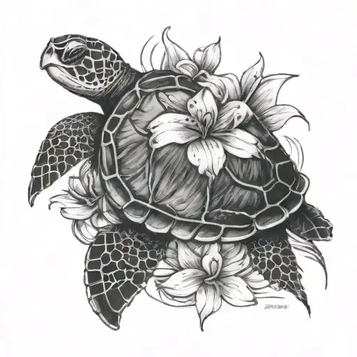 Sea Turtle With Lilac And Lily Flowers Blooming Tattoo To Be Placed Behind Left Shoulder