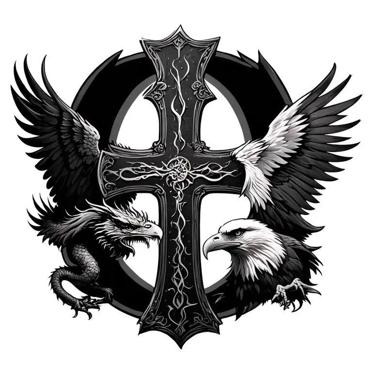 Large Cross With Dragon On Left And Bald Eagle On Right