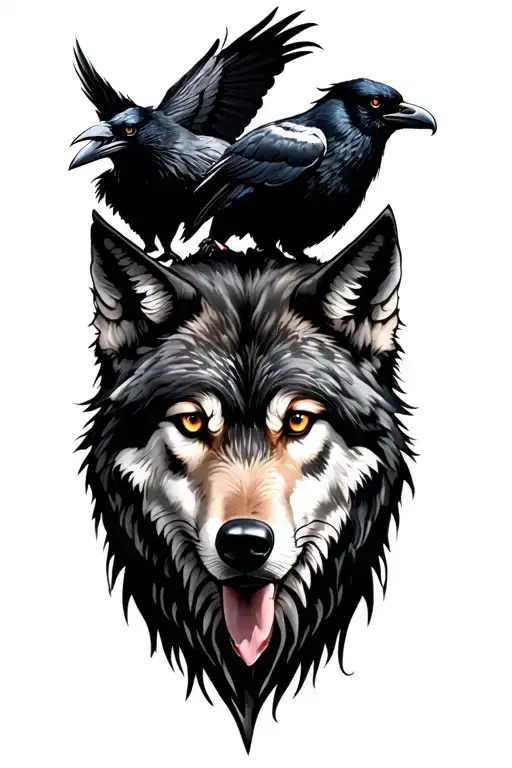 Wolf And Two Ravens