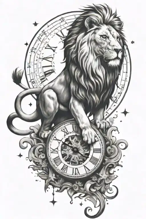 Lion On Top Of A Clock Surrounded By Stars