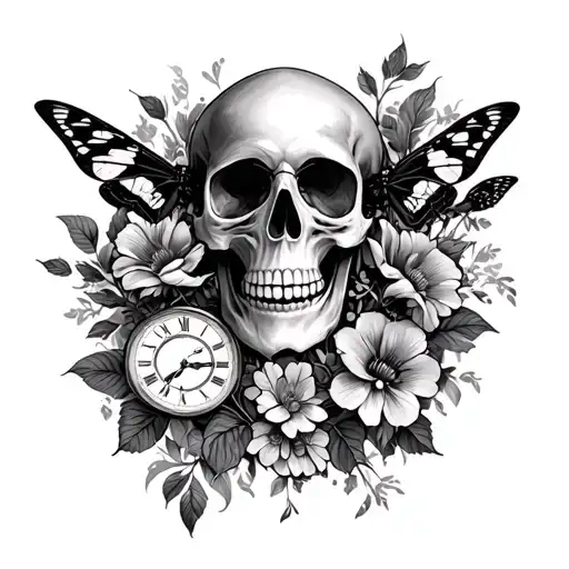 Skull With Moth And Clock And Flowers And Birds