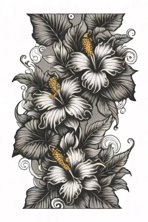 Hibiscus Flowers And Koi Fish