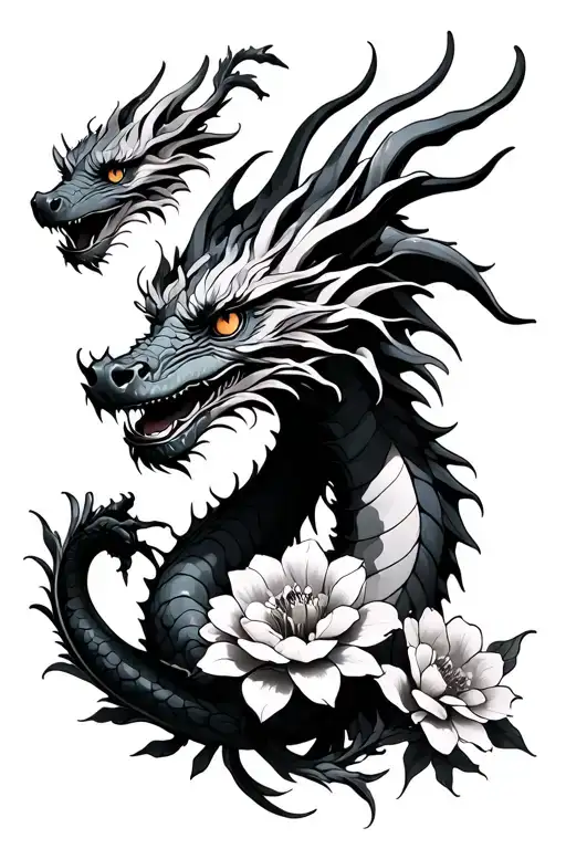 Femine Dragon With Exotic Flowers Intertwined