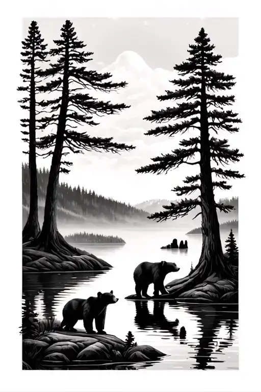 Trees Over A Lake With An Adult Bear And Two Baby Bears