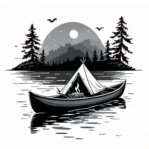 Canoe In Front Of Island With Tent And Fire Minimalist