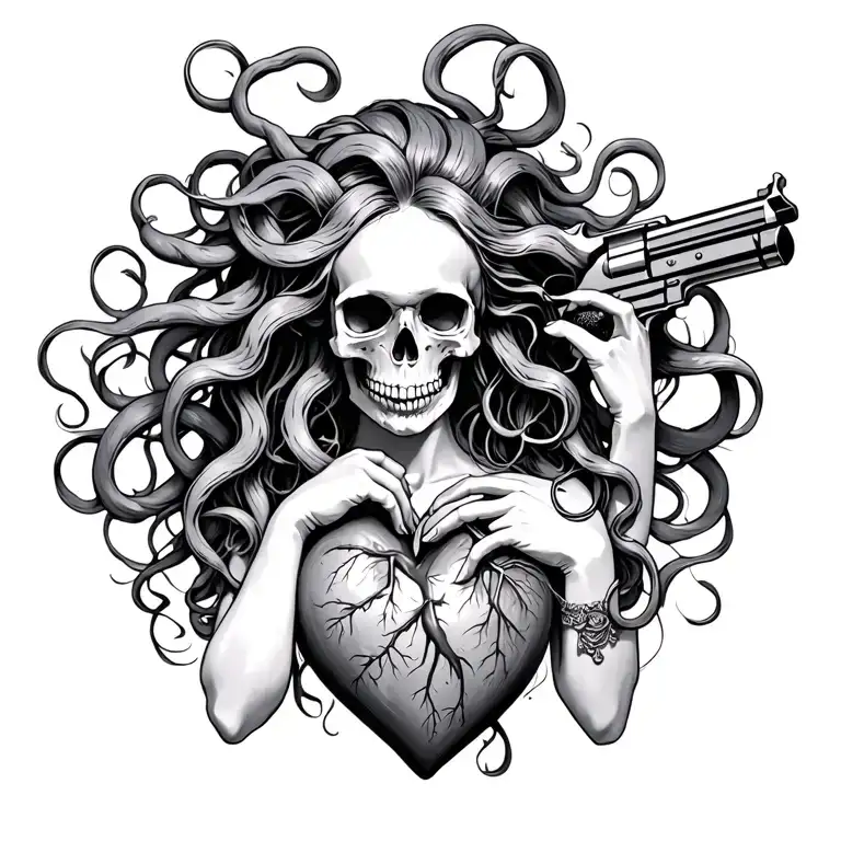 Medusa With Her Skull Chest Heart Holding A Gun To Her Head