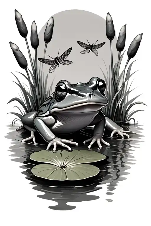Frog On Lily Pad With Dragonflys And Cattails
