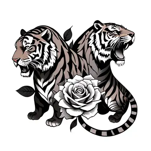 American Traditional Tattoo With Two Tigers Going Around The Knee And A Rose In The Middle