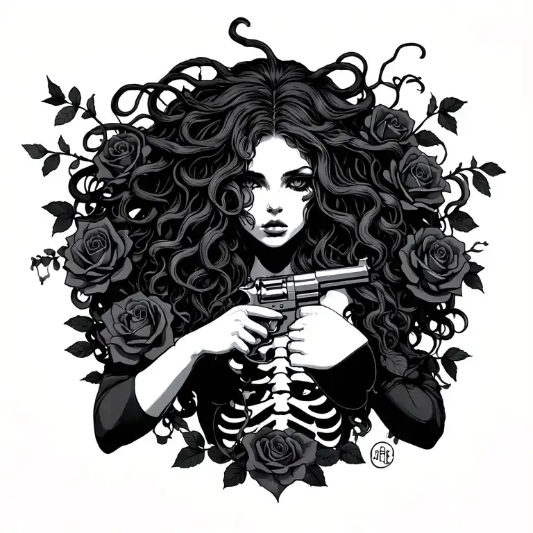 Medusa Holding A Gun To Her Head Roses And Be Dark Be Sick Half Chest Is Only Bones
