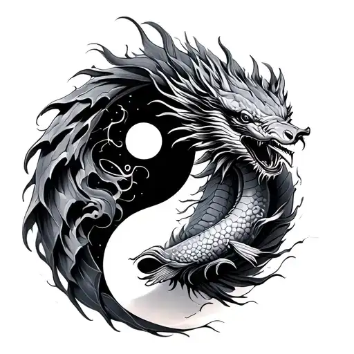 Tattoo Sketch Circle Yin Yang China Silver Dragon And Fish Zodiac Sign