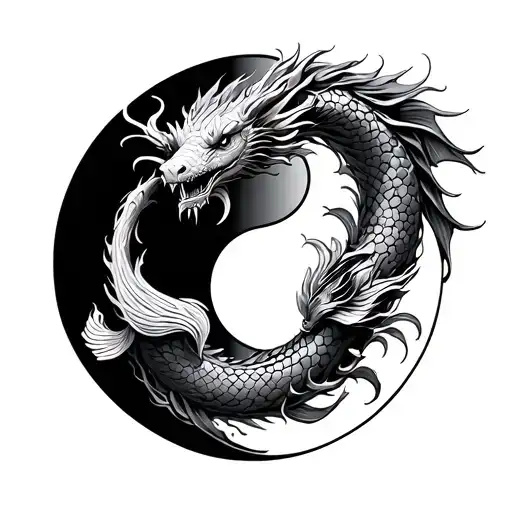 Tattoo Sketch Circle Yin Yang China Silver Dragon And Fish Zodiac Sign