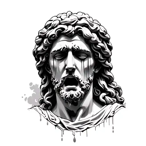 Greek Ruin Statue Crying Or With Tears In Black Tattoo Background