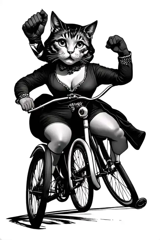 Suffragette In Bloomers With A Cat Head Riding A 1920'S Bike With One Fist Raised Defiantly