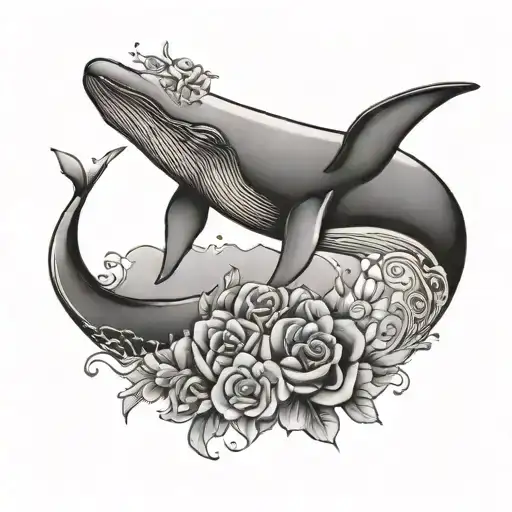 Whale With Crescent Moon And Flower