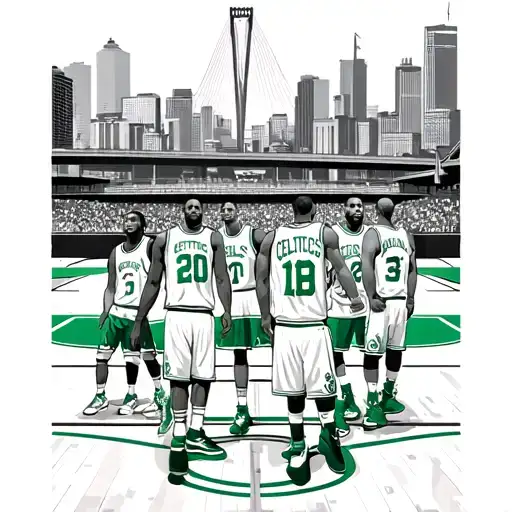 Boston Celtics Players On City Basketball Court Looking At Td Garden And Zakim Bridge In Background