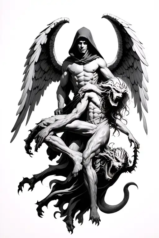 Hooded Arch Angel Defeating A Demon