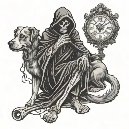 Grim Reaper With A Clock And Dogs Sitting In His Feet
