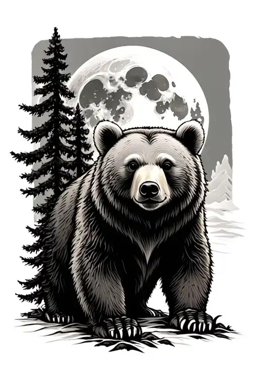 Small Bear With 5 Pine Trees And A Full Moon Surrounded