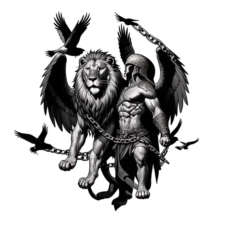 Strong Lion Chained To A Spartan Warrior With Wings Surrounded By Birds