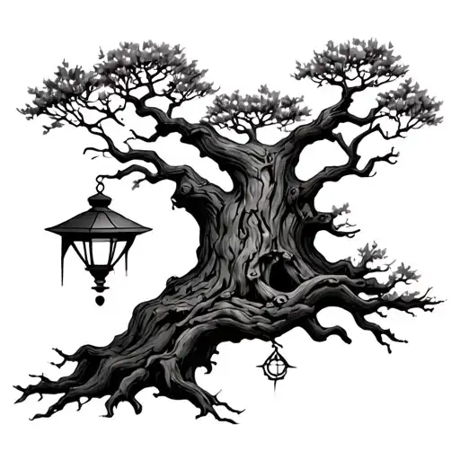 Tattoo Of A Peepul Tree With A Small Lantern Shining Light