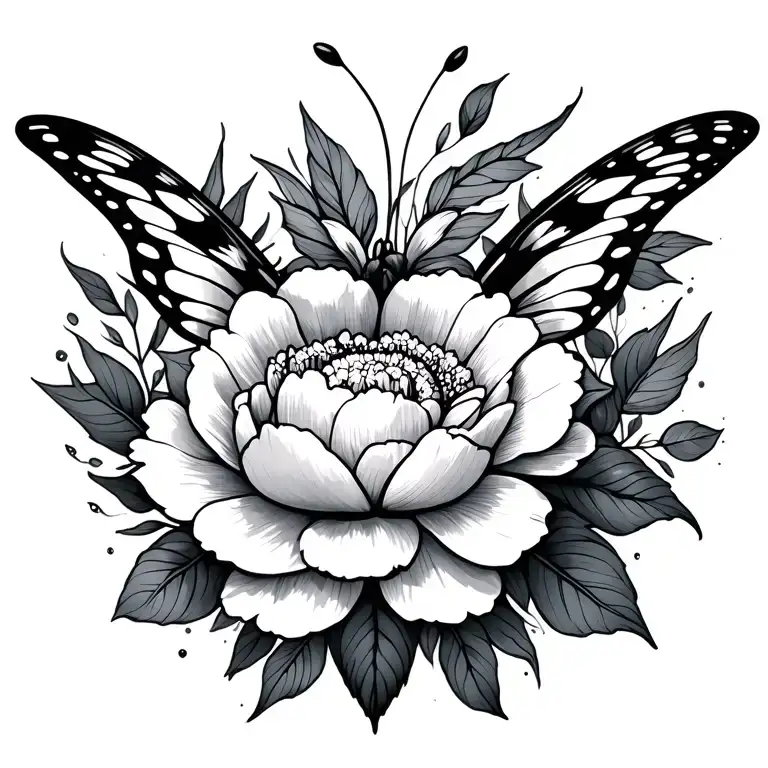 Butterfly Hearts Peonies Flower Tattoo Design