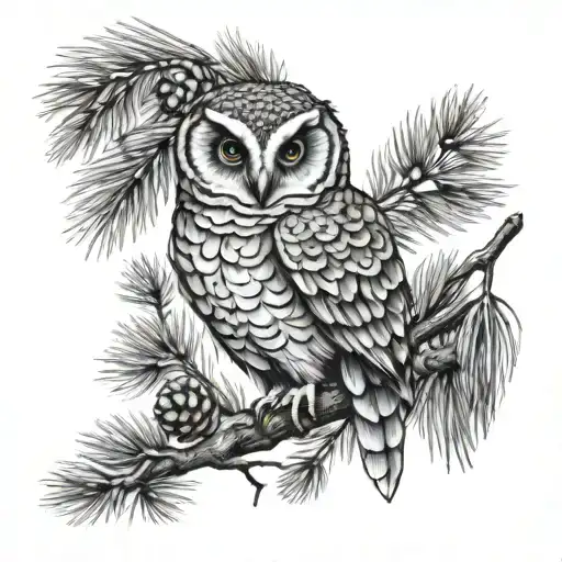 Owl Owlet Pine Branch With Cones